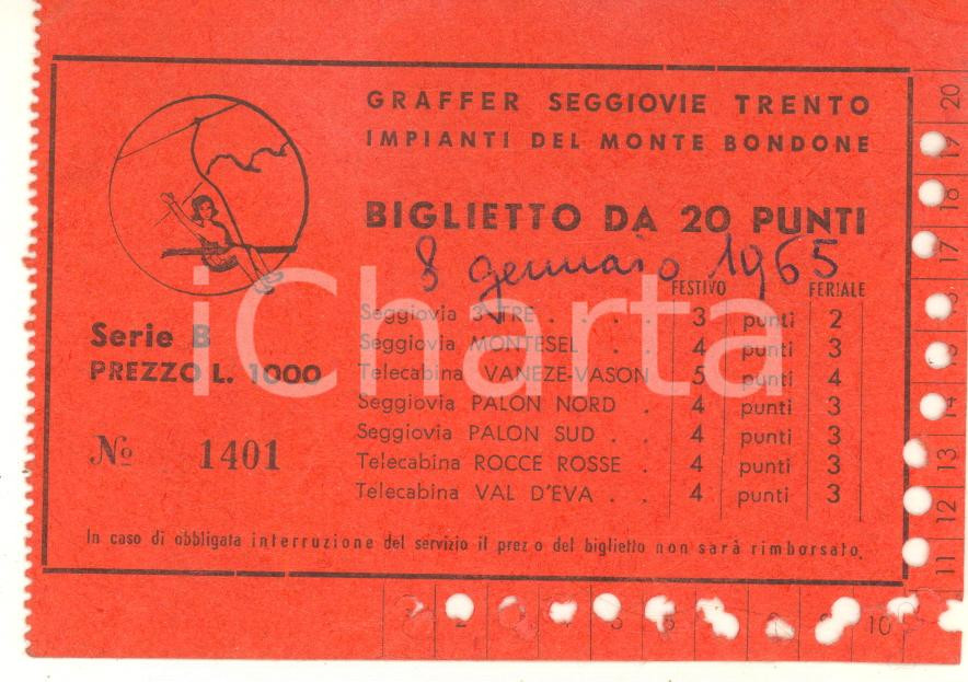 Oggetto da collezione cartaceo 1965 GRAFFER Seggiovie TRENTO  Impianti Monte BONDONE  Biglietto 1