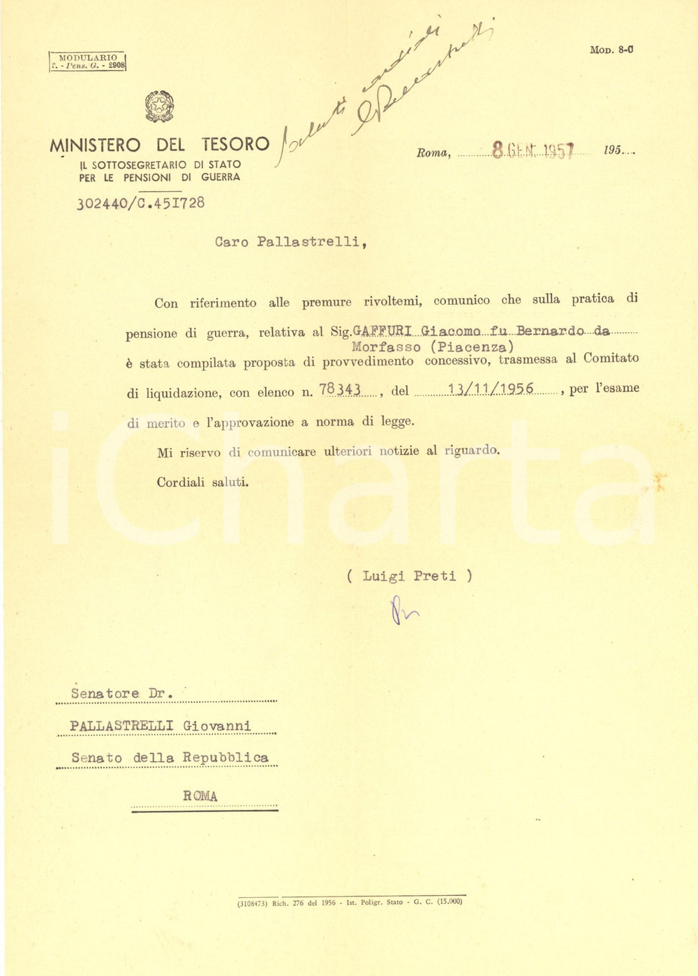 1957 ROMA Ministero del Tesoro - Lettera Luigi PRETI per pensione *AUTOGRAFO