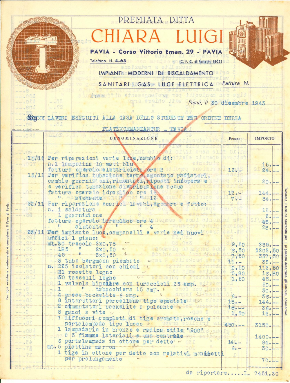 Documento originale, autentico 1943 RSI PAVIA Ditta CHIARA Luigi  Fattura per impianti Casa dello Studente 1