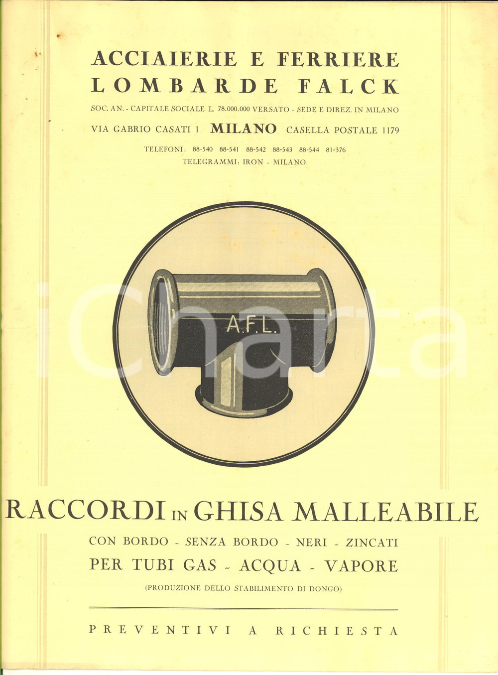 Documento originale, autentico 1935 ca MILANO Acciaierie FALCK  Raccordi in ghisa malleabile Catalogo 1