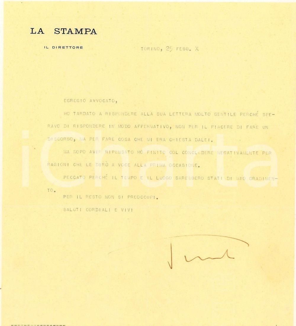 Autografo originale 1932 MILANO Lettera Augusto TURATI direttore quotidiano LA STAMPA  AUTOGRAFO 1