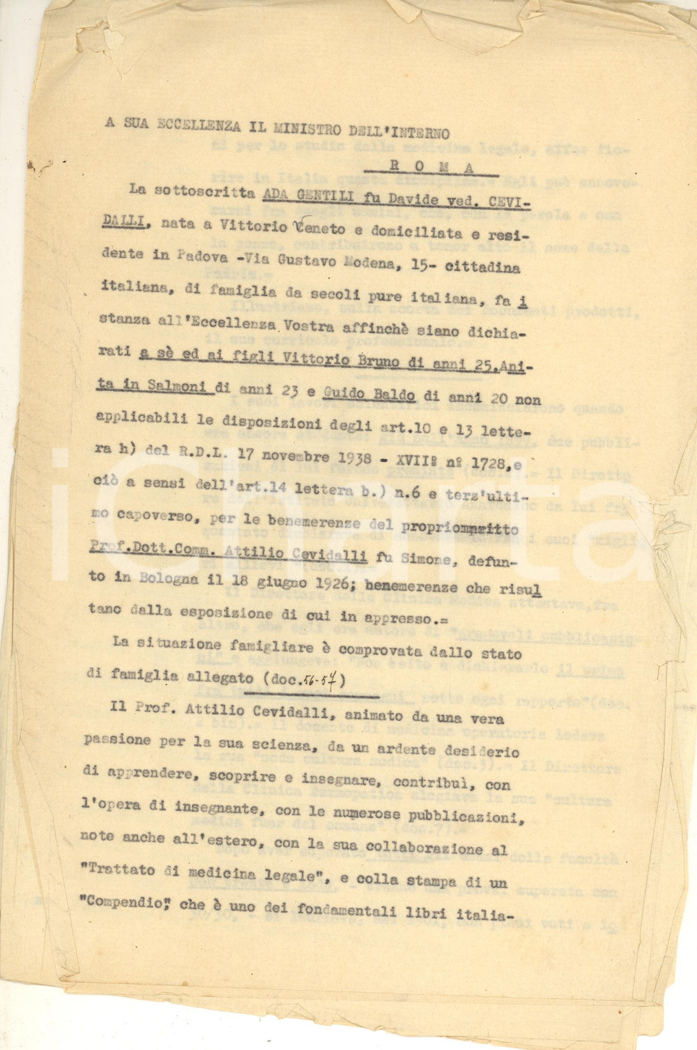 Documento originale, autentico 1939 PADOVA Istanza vedova Ada GENTILI per non applicazione leggi razziali 1