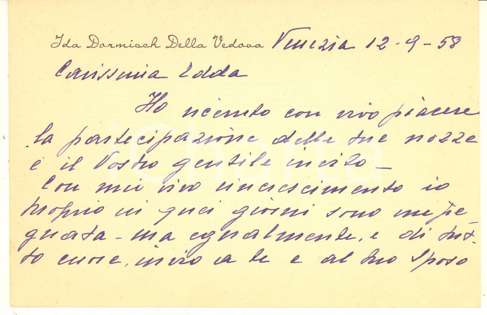 Autografo originale 1958 VENEZIA Biglietto Ida DELLA VEDOVA DORMISCH per auguri Autografo 1