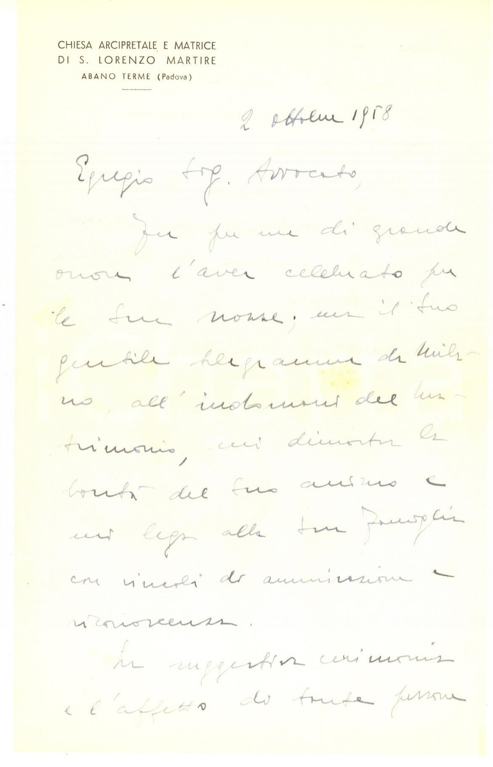 Autografo originale 1958 ABANO TERME Lettera don Tarcisio MAZZAROTTO arciprete chiesa S.LORENZO 1