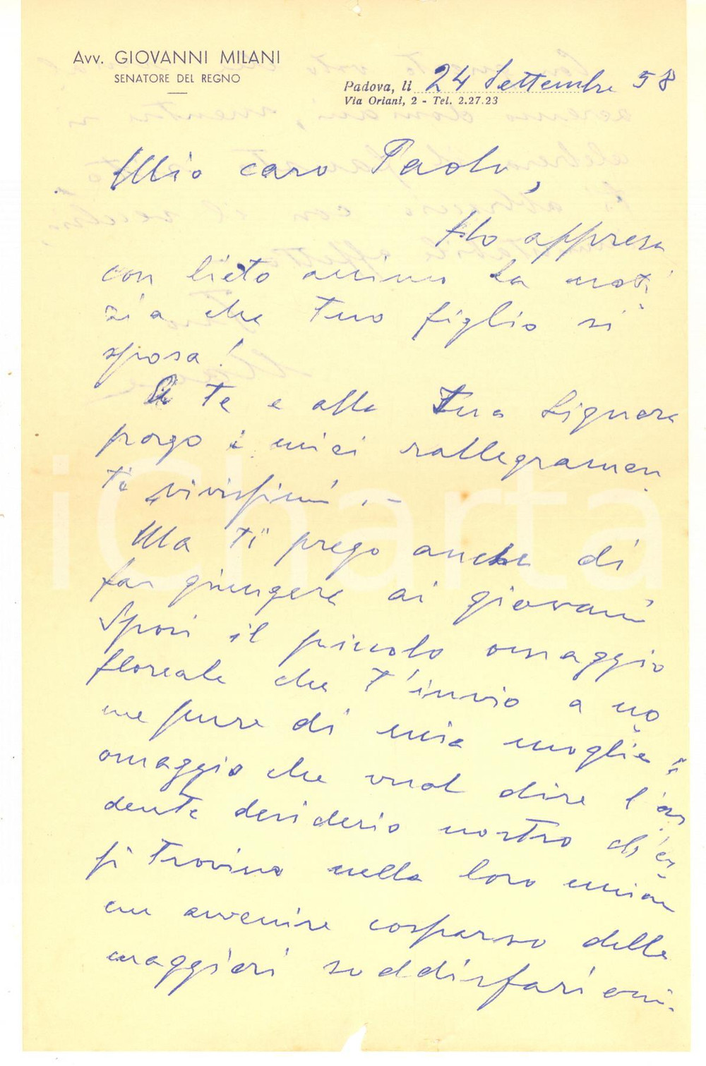 Autografo originale 1958 PADOVA Lettera senatore Giovanni MILANI per auguri  AUTOGRAFO 1