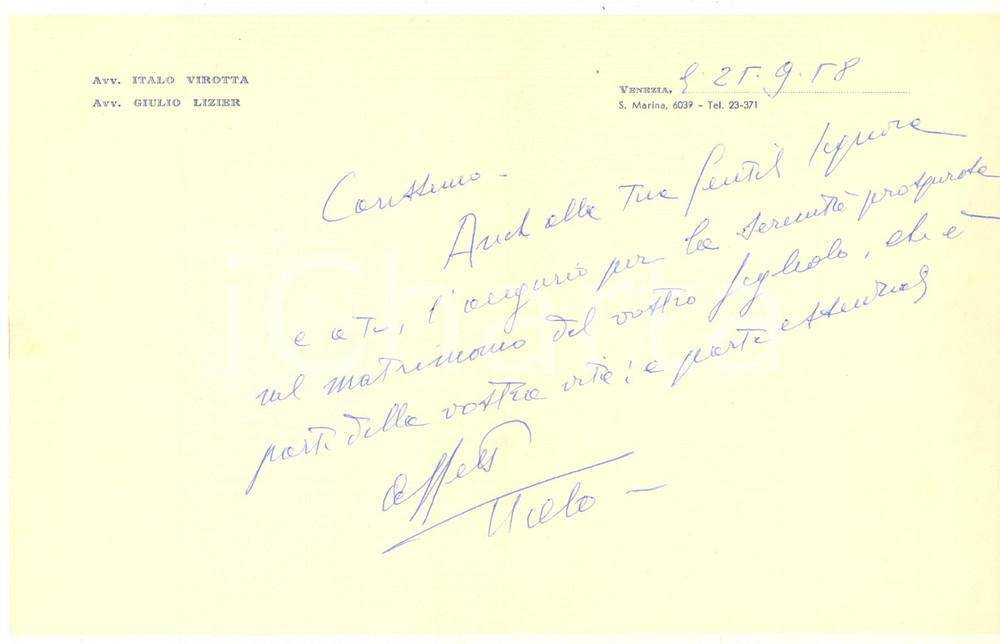 Autografo originale 1958 VENEZIA Lettera avv. Italo VIROTTA per auguri  AUTOGRAFO 1