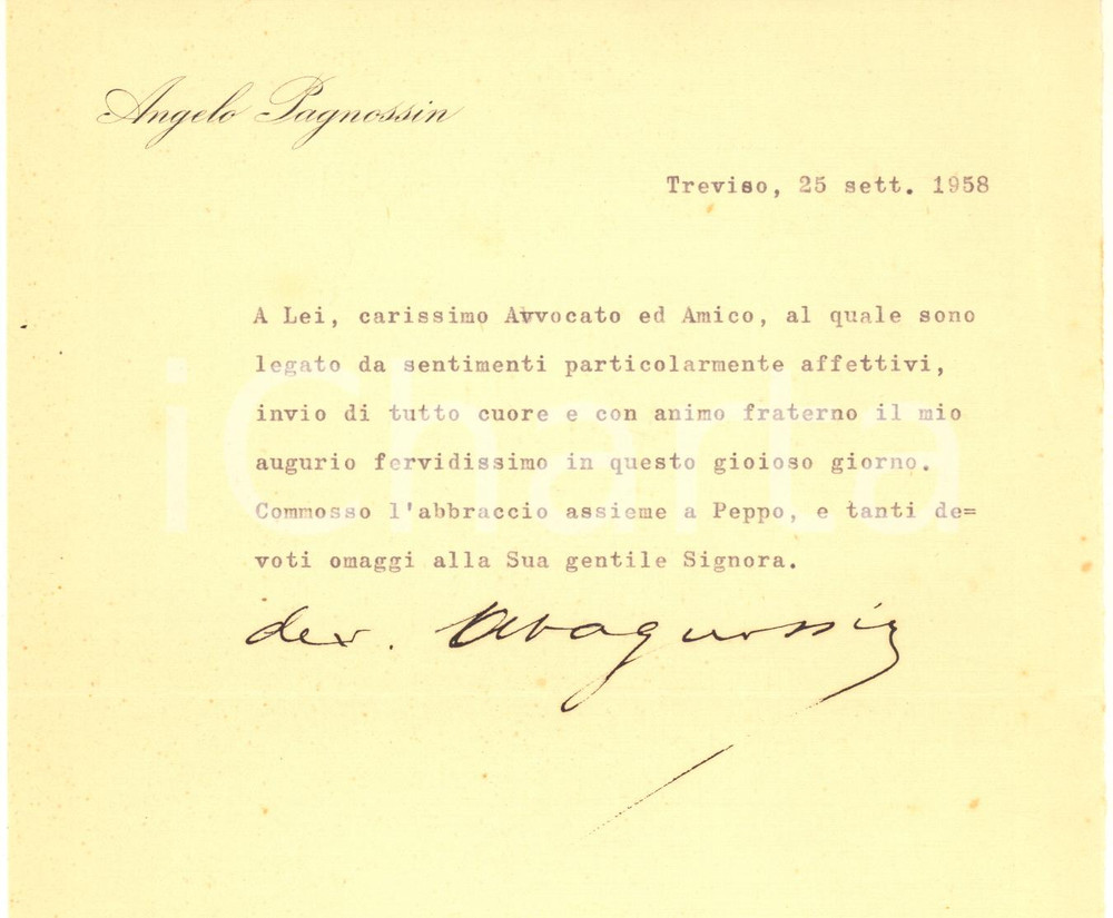 Autografo originale 1958 TREVISO Lettera Angelo PAGNOSSIN per auguri  AUTOGRAFO 1