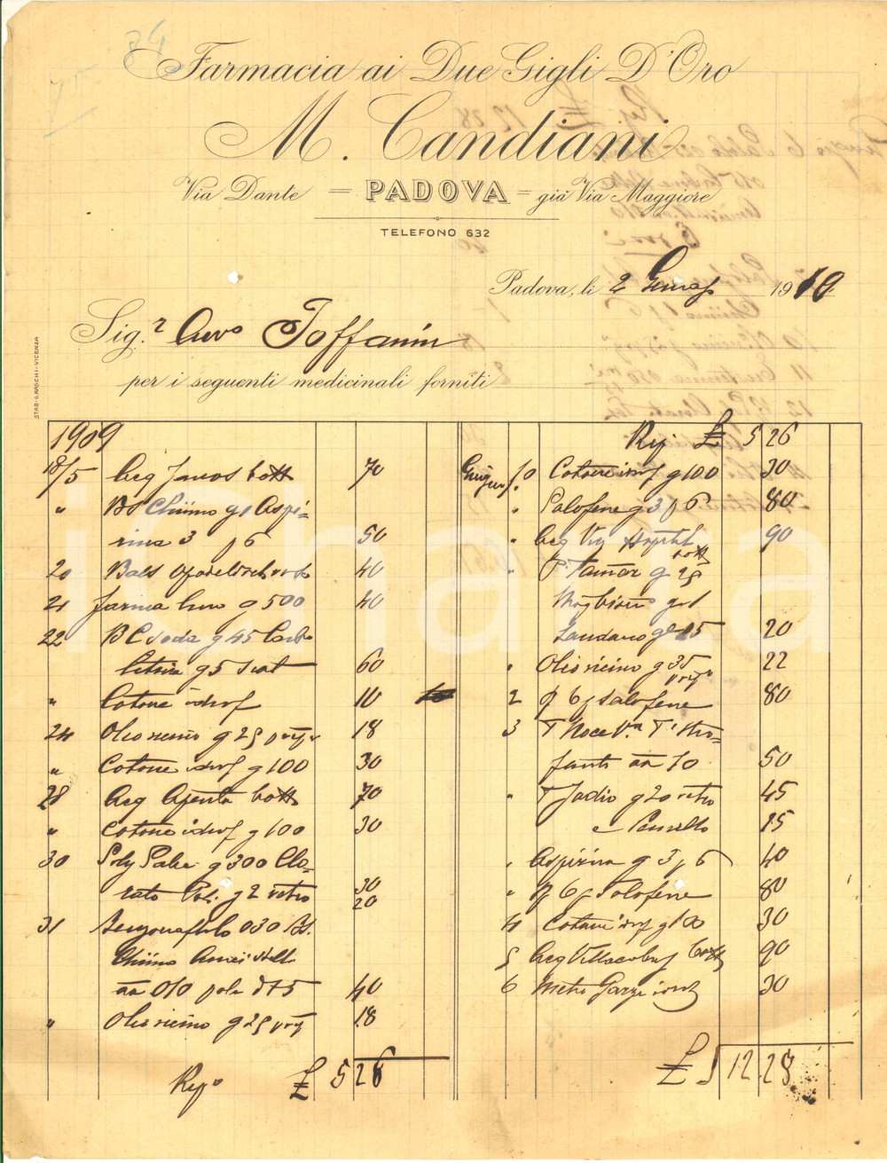 Documento originale, autentico 1910 PADOVA Via Dante  M. CANDIANI Farmacia ai Due Gigli d Oro Fattura 1