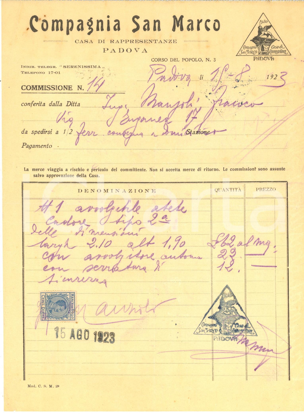 Documento originale, autentico 1923 PADOVA Corso del Popolo 3  Compagnia SAN MARCO rappresentanze Fattura 1