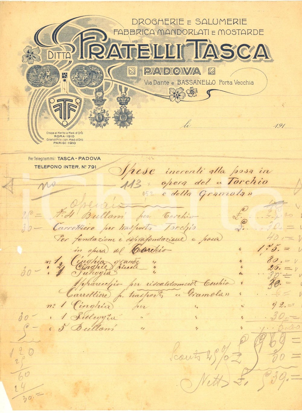 Documento originale, autentico 1910 ca PADOVA Via Dante  Ditta FRATELLI TASCA drogherie e salumerie Fattura 1