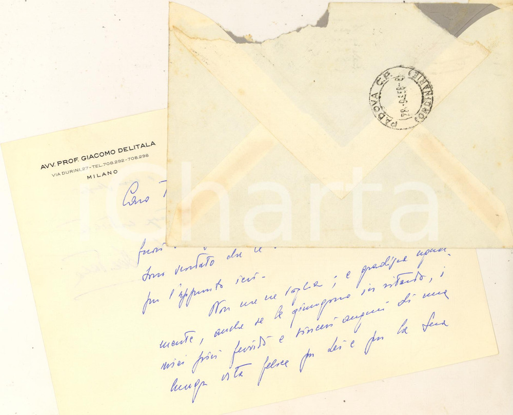 Autografo originale 1958 MILANO Lettera prof. Giacomo DELITALA per auguri  AUTOGRAFO 1