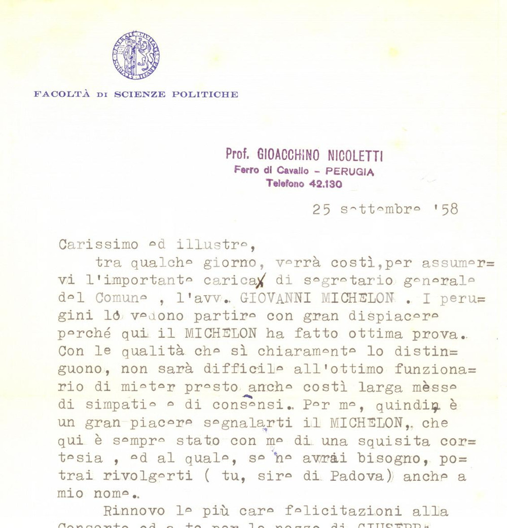 Autografo originale 1958 PERUGIA Lettera Gioacchino NICOLETTI per raccomandazione Autografo 1