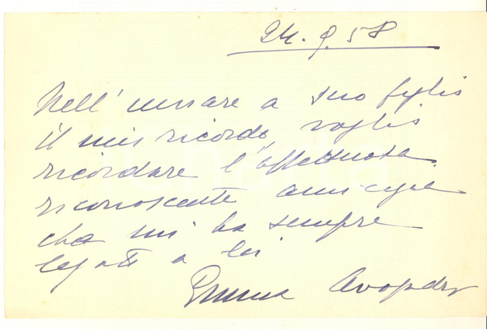 Autografo originale 1958 PADOVA Nobile Emma AVOGADRO  Biglietto per invio dono Autografo 1