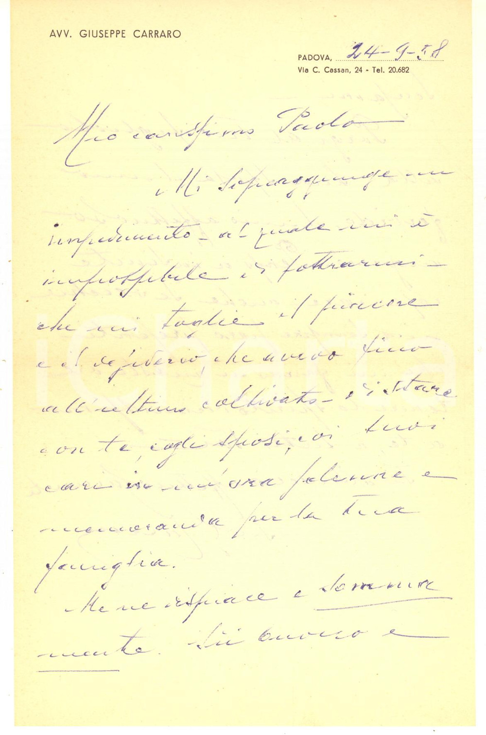 Autografo originale 1958 PADOVA Lettera avv. Giuseppe CARRARO per congratulazioni  Autografo 1