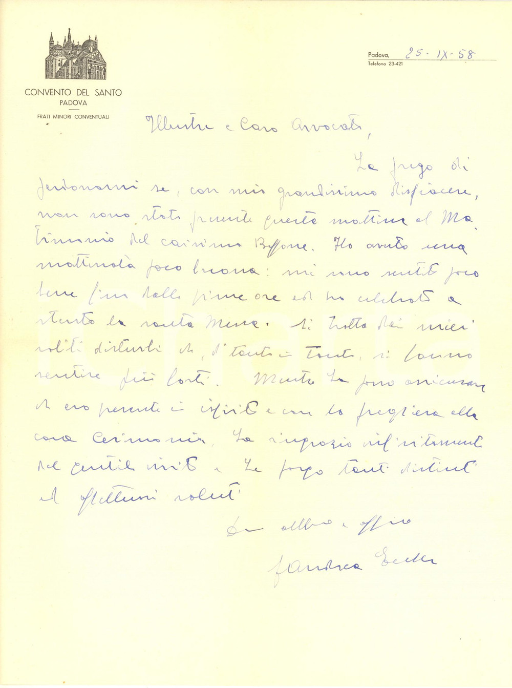 Autografo originale 1958 PADOVA Convento del Santo  Lettera padre Andrea ECCHER AUTOGRAFO 1