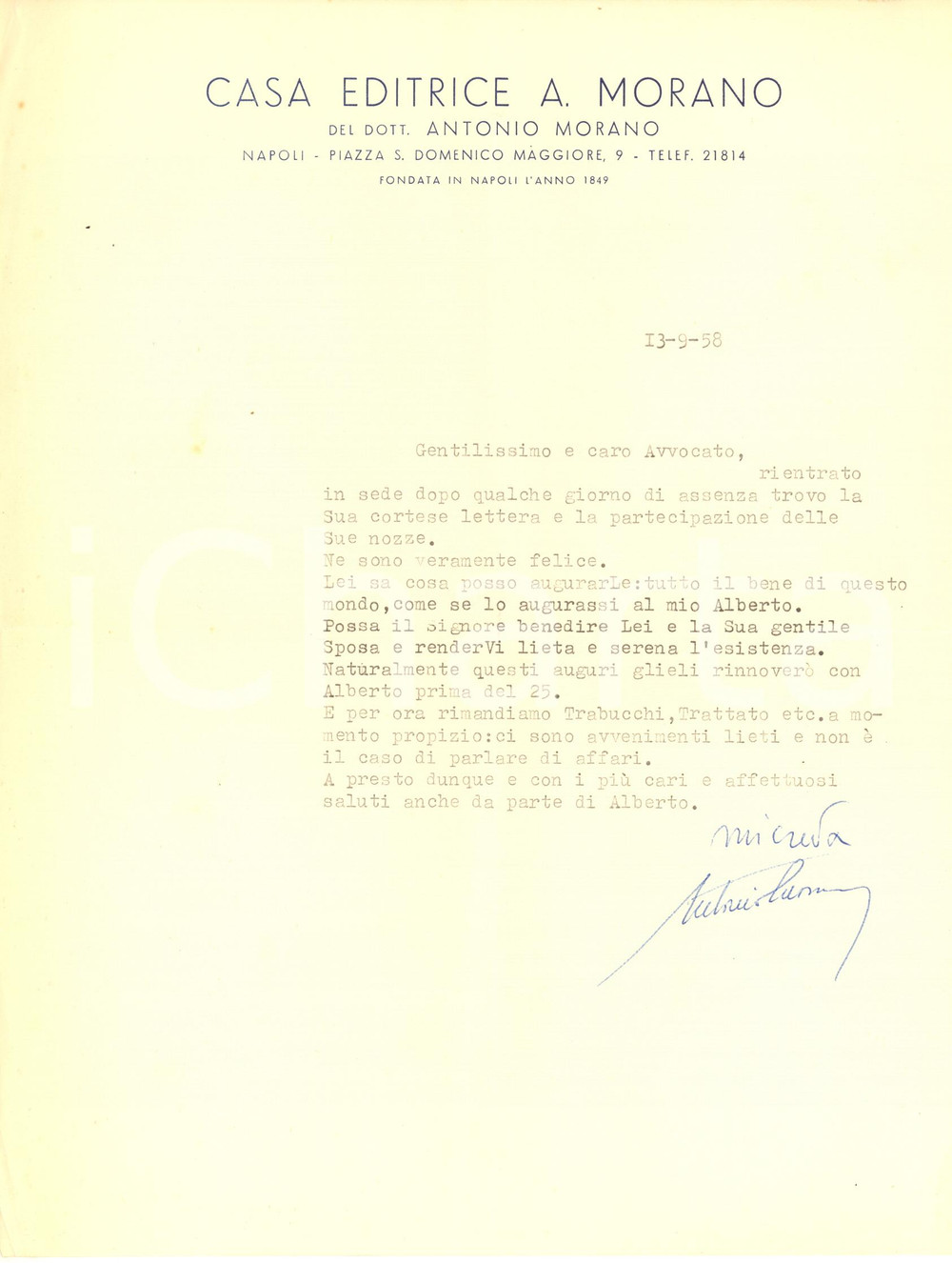 Autografo originale 1958 NAPOLI Lettera Antonio MORANO editore per congratulazioni AUTOGRAFO 1