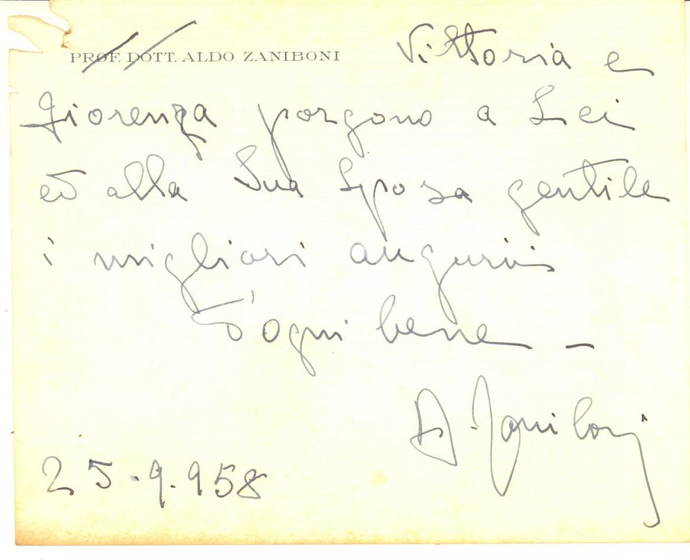 Autografo originale 1958 PADOVA Biglietto prof. Aldo ZANIBONI per auguri  AUTOGRAFO 1