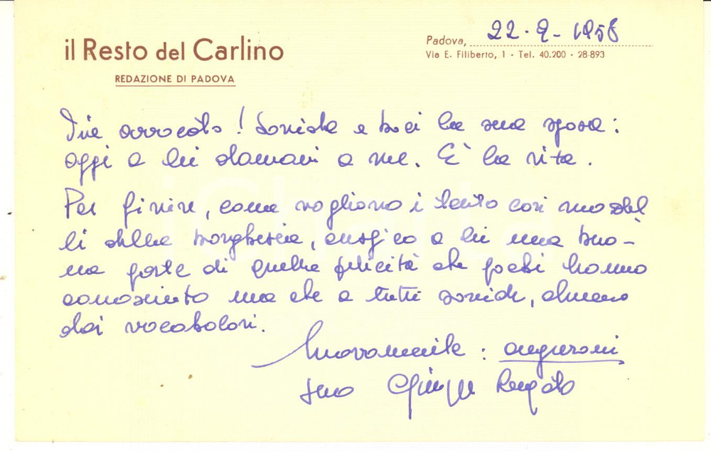 Autografo originale 1958 PADOVA  IL RESTO DEL CARLINO  Biglietto Giuseppe LUGATO  AUTOGRAFO 1