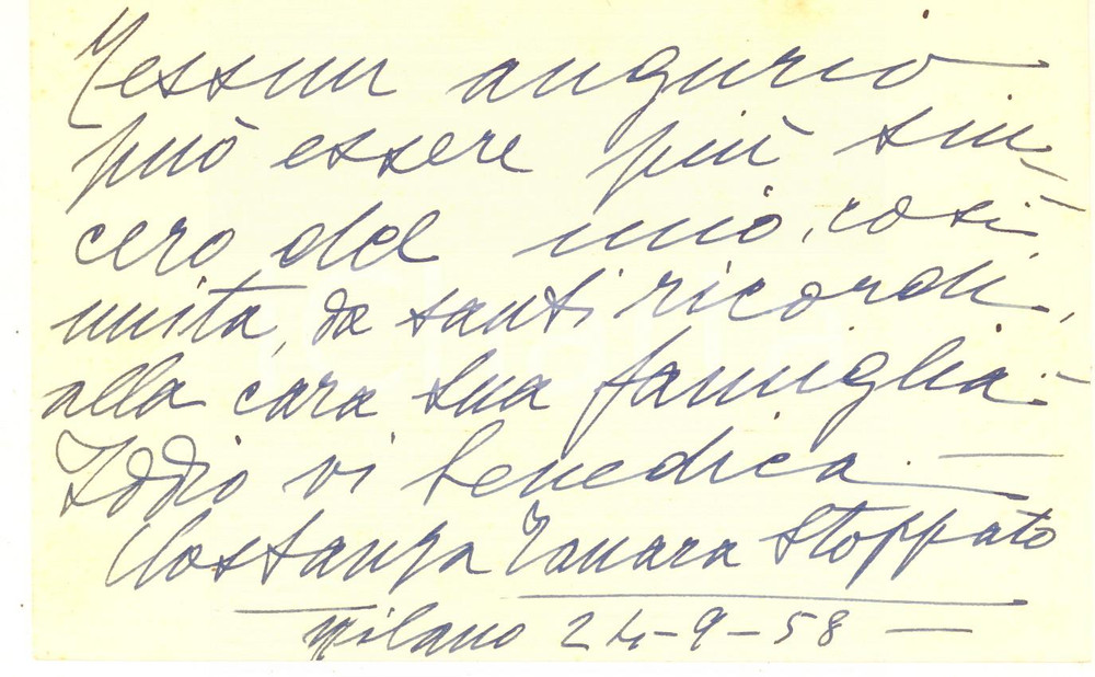 Autografo originale 1958 MILANO Biglietto Costanza TANARA STOPPATO per auguri  Autografo 1