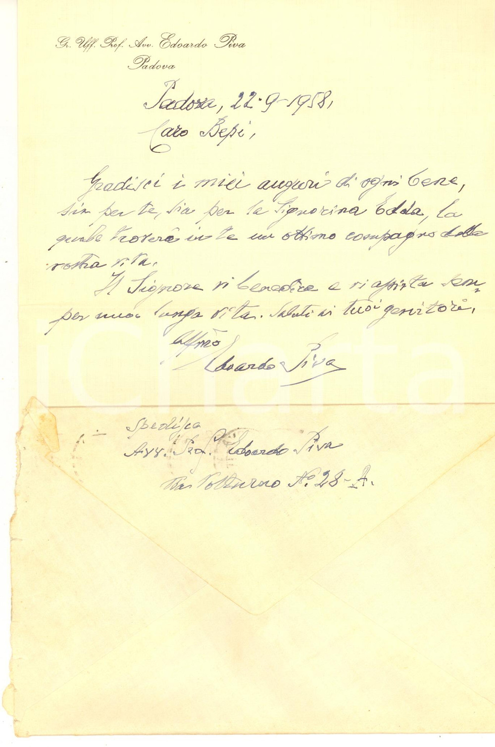 Autografo originale 1958 PADOVA Lettera prof. avv. Edoardo PIVA per auguri  Autografo 1