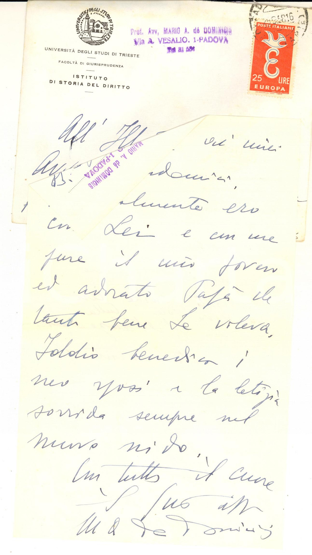 Autografo originale 1958 PADOVA Lettera prof. avv. Mario A. DE DOMINICIS per auguri  Autografo 1