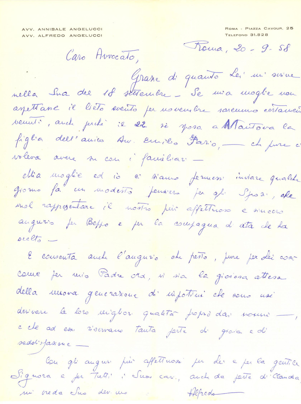 Autografo originale 1958 ROMA Lettera avv. Alfredo ANGELUCCI per auguri  Autografo 1