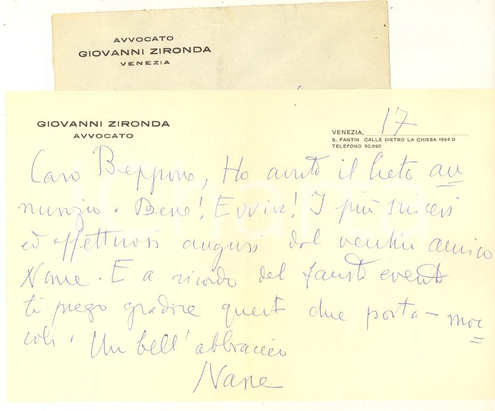 Autografo originale 1958 VENEZIA Lettera avv. Giovanni ZIRONDA per auguri  Autografo 1