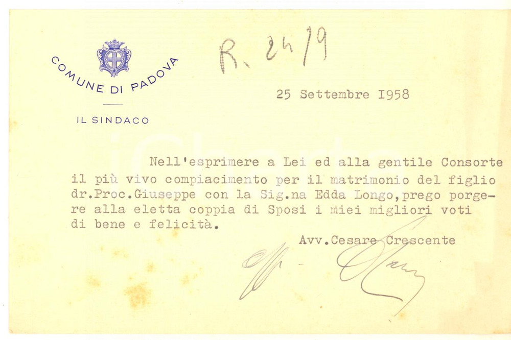 Autografo originale 1958 PADOVA Biglietto sindaco Cesare CRESCENTE per auguri  AUTOGRAFO 1