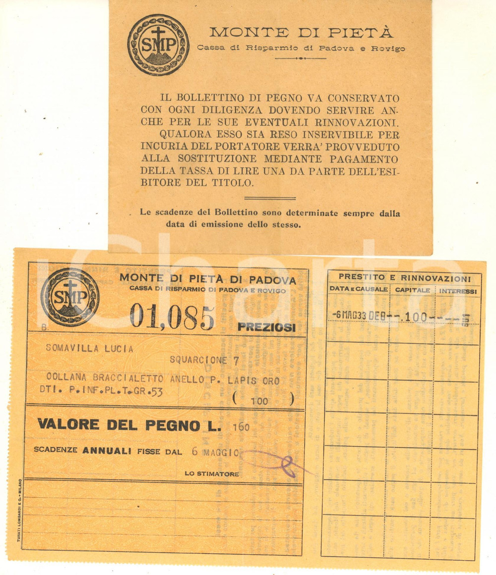 Documento originale, autentico 1933 PADOVA  Monte di PietÃ   Cassa di Risparmio di Padova  Ricevuta pegno 1