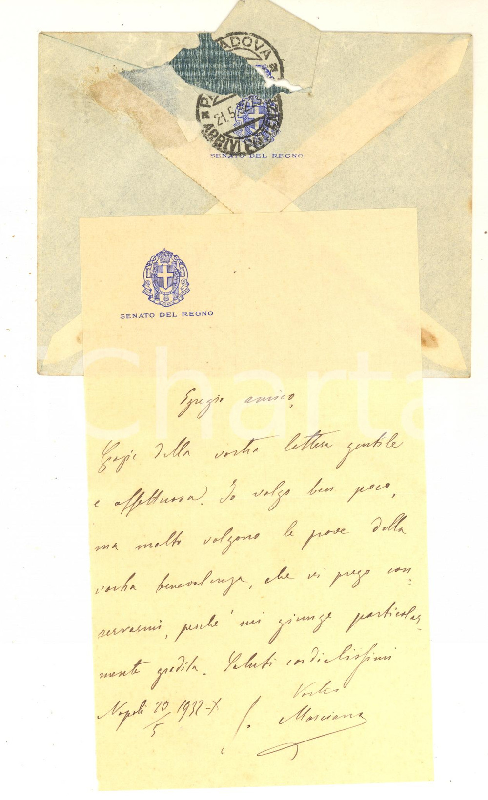 Documento originale, autentico 1932 NAPOLI Lettera sen. Gennaro MARCIANO per ringraziamento Autografo 1