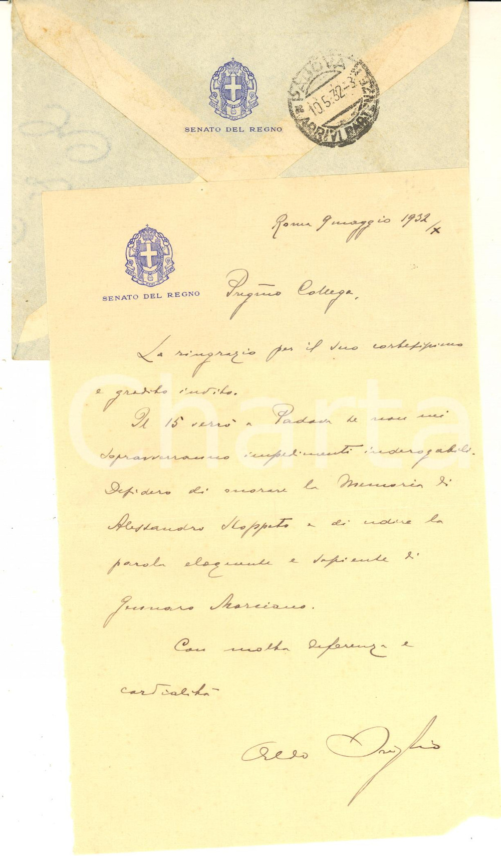 Autografo originale 1932 ROMA Lettera sen. Aldo OVIGLIO per viaggio a Padova Autografo 1