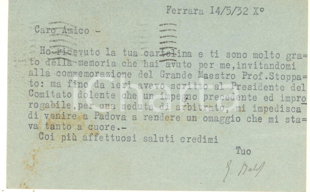 Autografo originale 1932 FERRARA Cartolina avv. Giovanni BALDI per invito  Autografo 1
