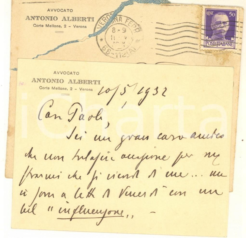 Autografo originale 1932 VERONA Avv. Antonio ALBERTI a letto con l influenza  Biglietto AUTOGRAFO 1