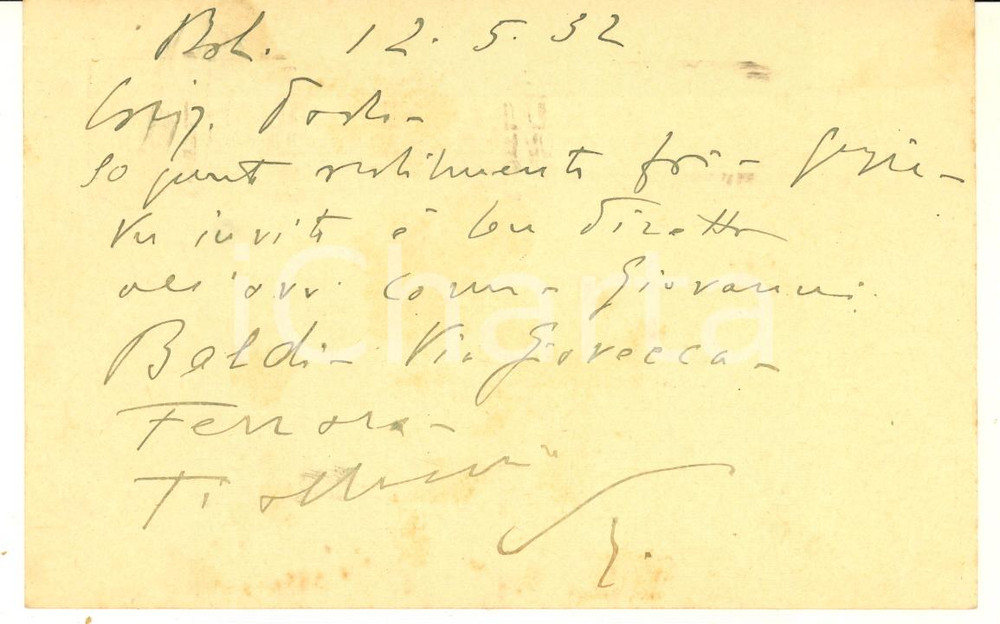 Autografo originale 1932 BOLOGNA Cartolina avv. Sergio STOPPATO per invito Autografo 1