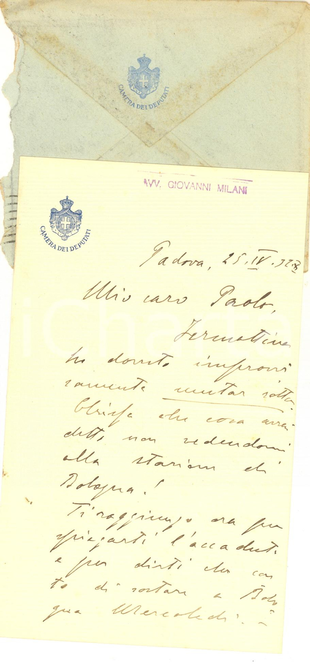 Autografo originale 1932 PADOVA Lettera on. Giovanni MILANI per appuntamento  AUTOGRAFO 1