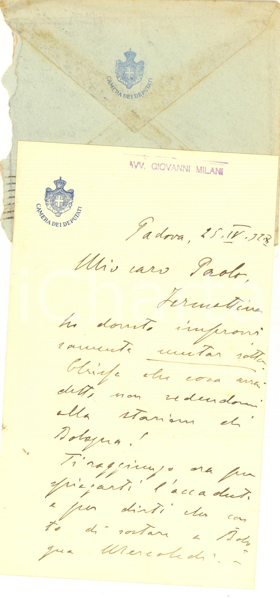 Autografo originale 1932 PADOVA Lettera on. Giovanni MILANI per appuntamento  AUTOGRAFO 1