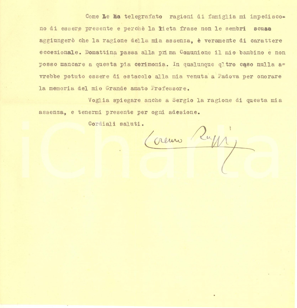 1932 BOLOGNA Lettera Lorenzo RUGGI per invito declinato - AUTOGRAFO