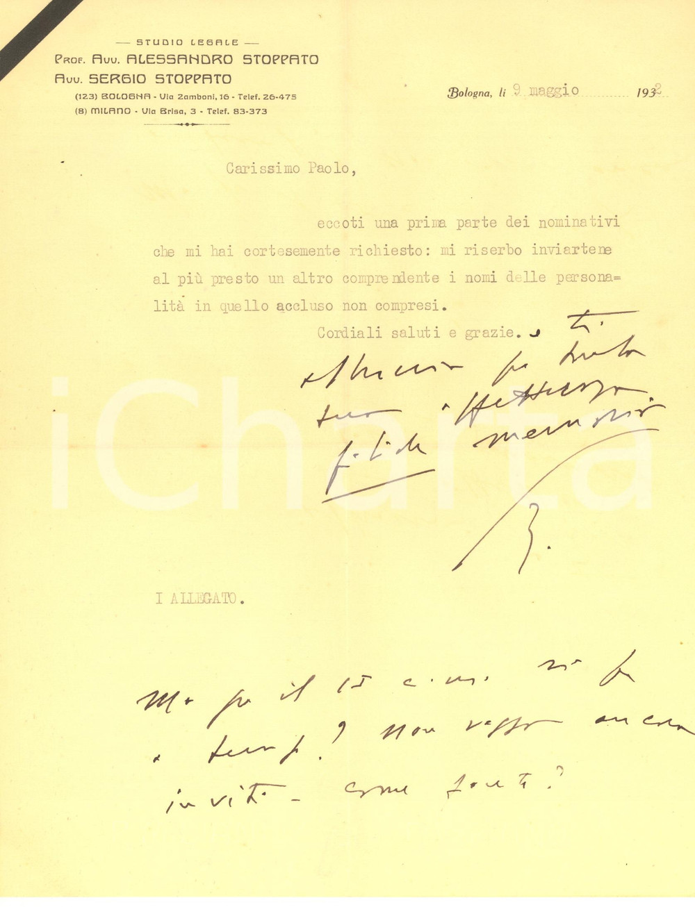 Autografo originale 1932 BOLOGNA Lettera avv. Sergio STOPPATO per invio nominativi Autografo 1