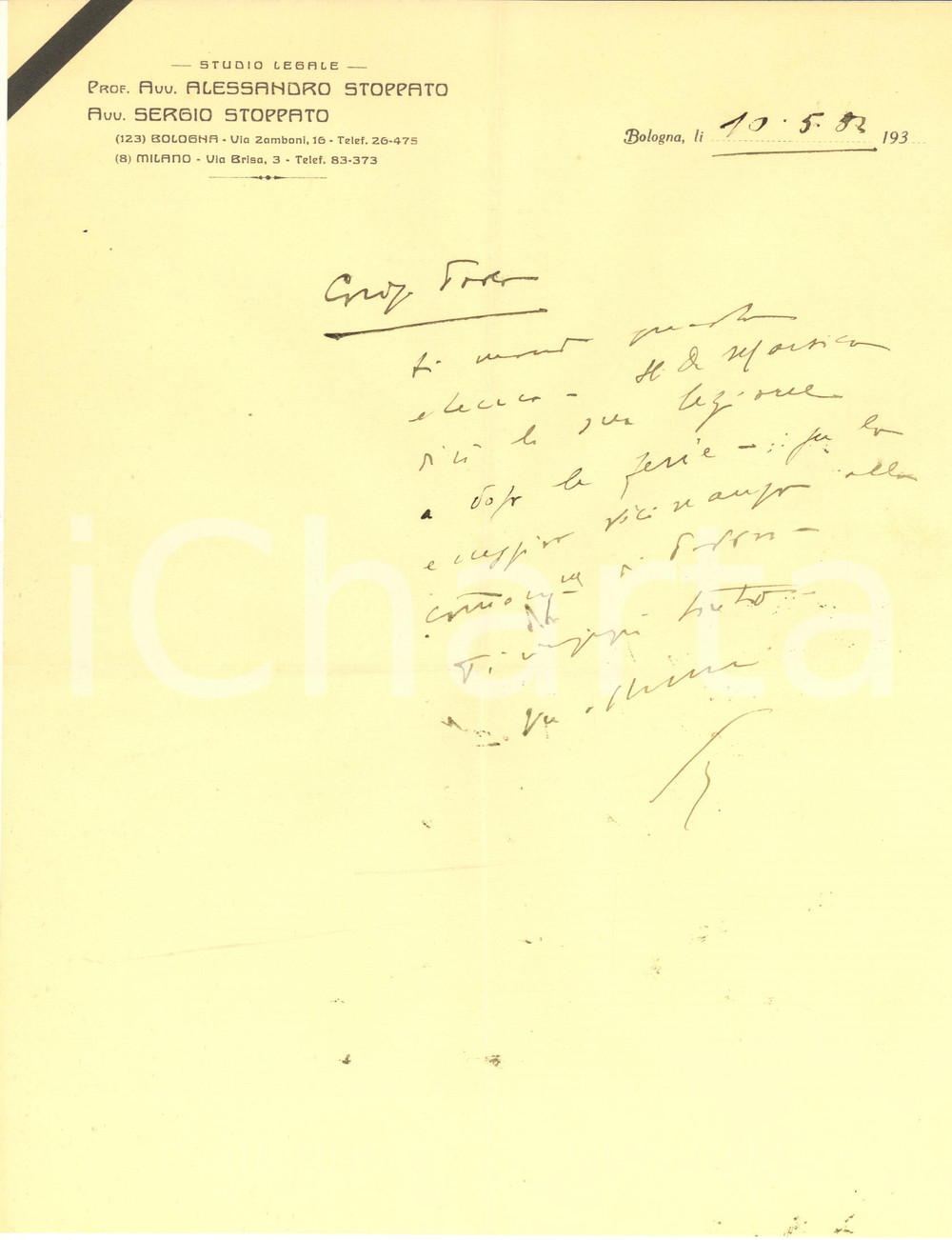 Autografo originale 1932 BOLOGNA Lettera avv. Sergio STOPPATO per invio elenco Autografo 1