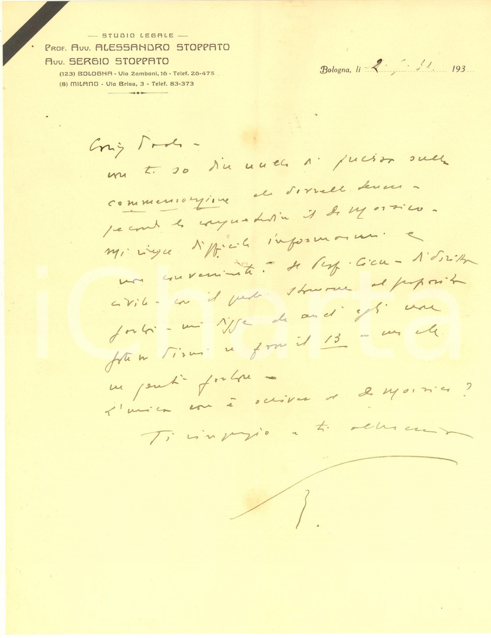 Autografo originale 1932 BOLOGNA Lettera avv. Sergio STOPPATO per commemorazione Autografo 1