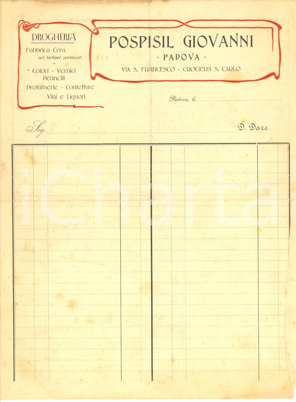 Documento originale, autentico 1910 ca PADOVA Via S. Francesco  Giovanni POSPISIL drogheria Fattura 1