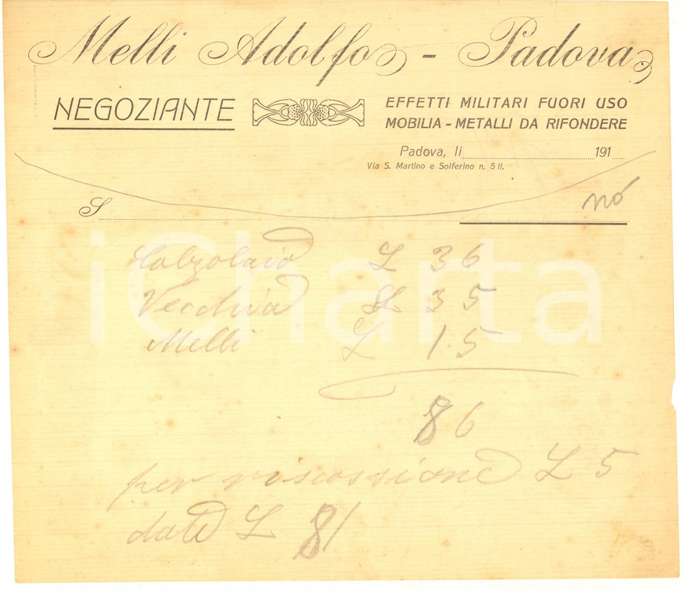 Documento originale, autentico 1910 ca PADOVA Via S. Martino e Solferino  Adolfo MELLI negoziante Fattura 1