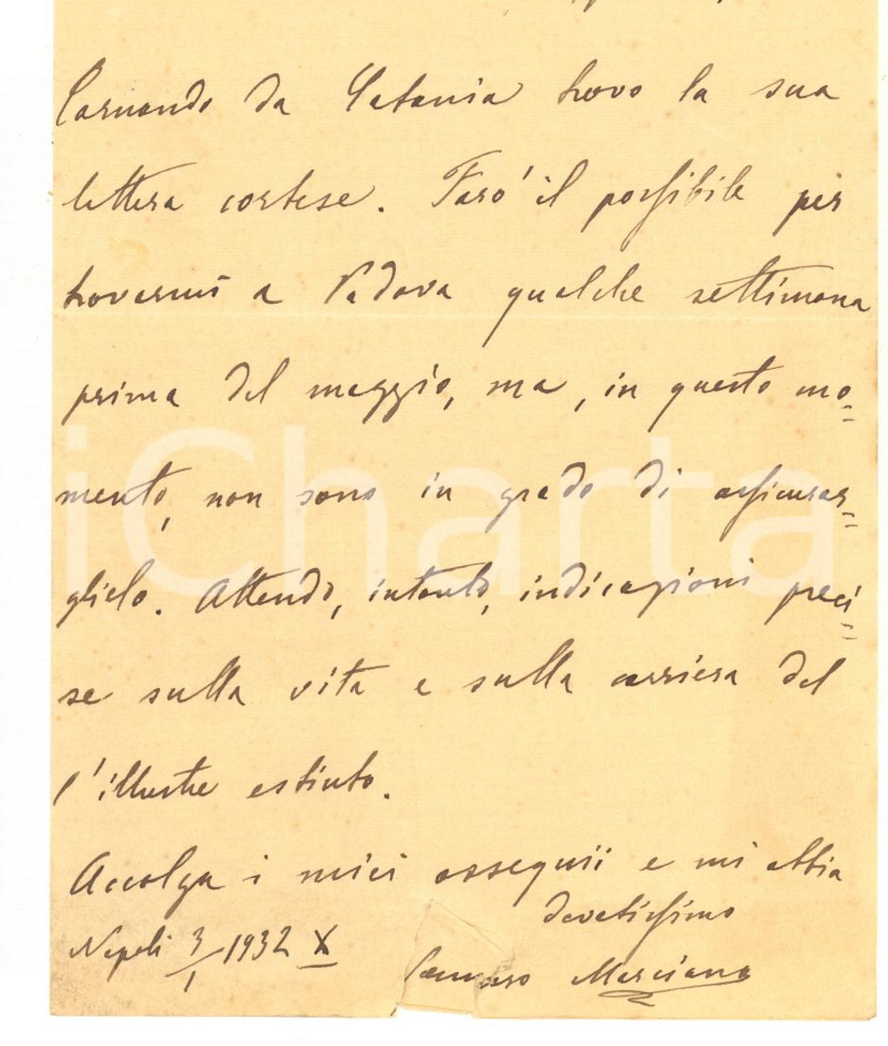Autografo originale 1932 NAPOLI Lettera sen. Gennaro MARCIANO per viaggio a Padova Autografo 1