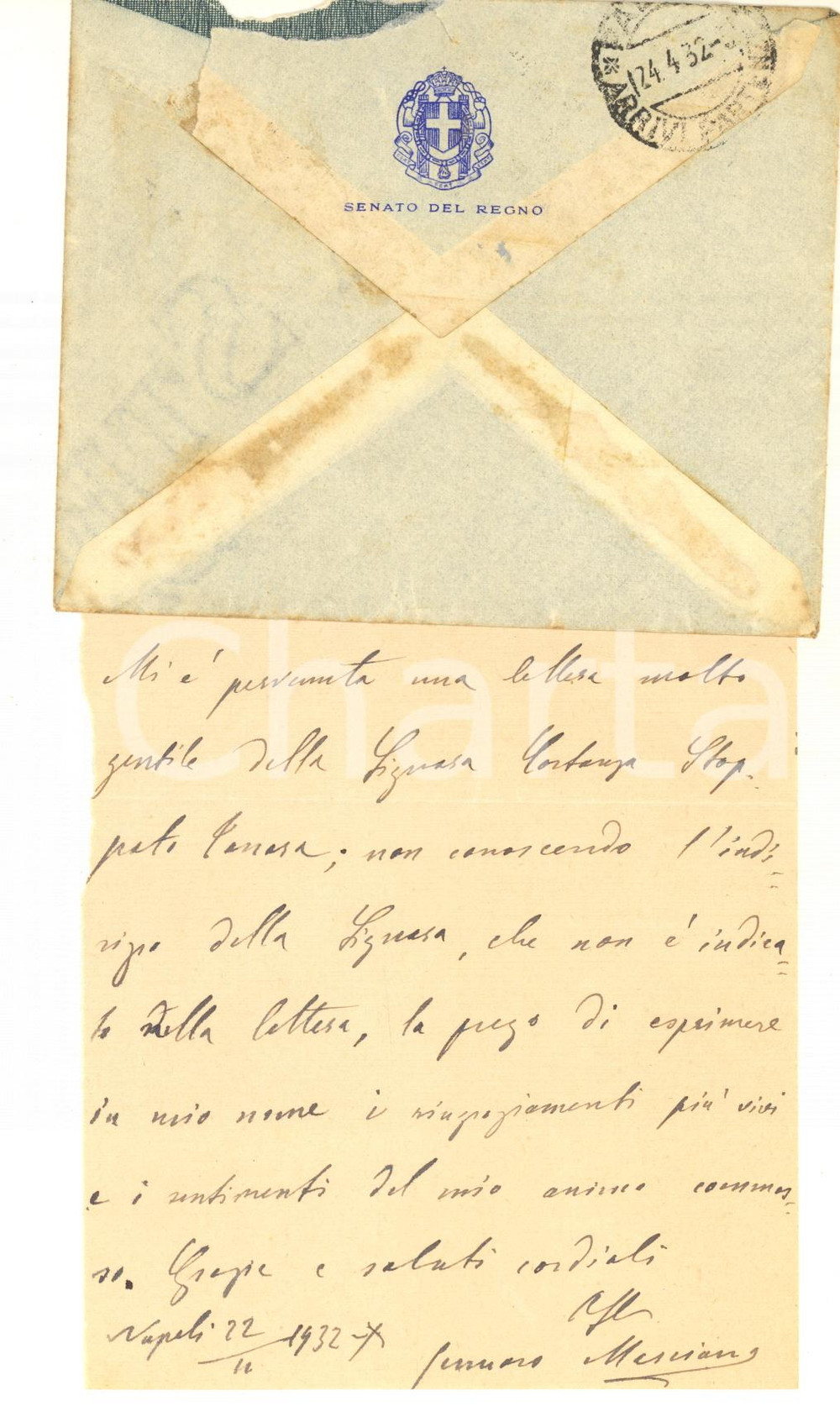 Autografo originale 1932 NAPOLI Lettera sen. Gennaro MARCIANO per ringraziamento  Autografo 1