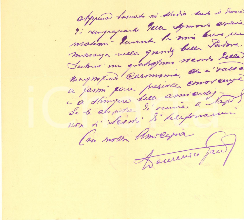Autografo originale 1932 NAPOLI Lettera avv. Domenico GALDI per invito a cerimonia AUTOGRAFO 1