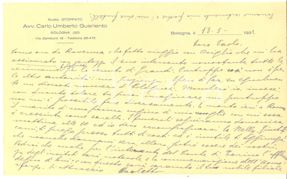 Autografo originale 1932 BOLOGNA Lettera avv. Carlo Umberto GUARIENTO per cerimonia AUTOGRAFO 1