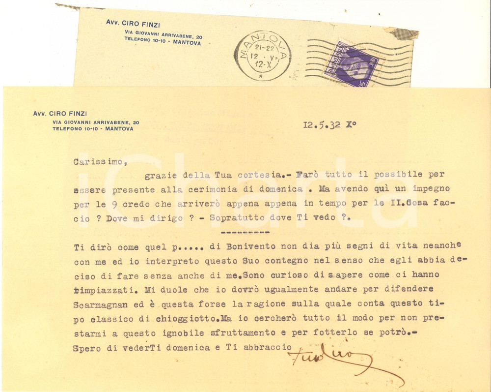 Autografo originale 1932 MANTOVA Lettera avv. Ciro FINZI per cerimonia AUTOGRAFO 1