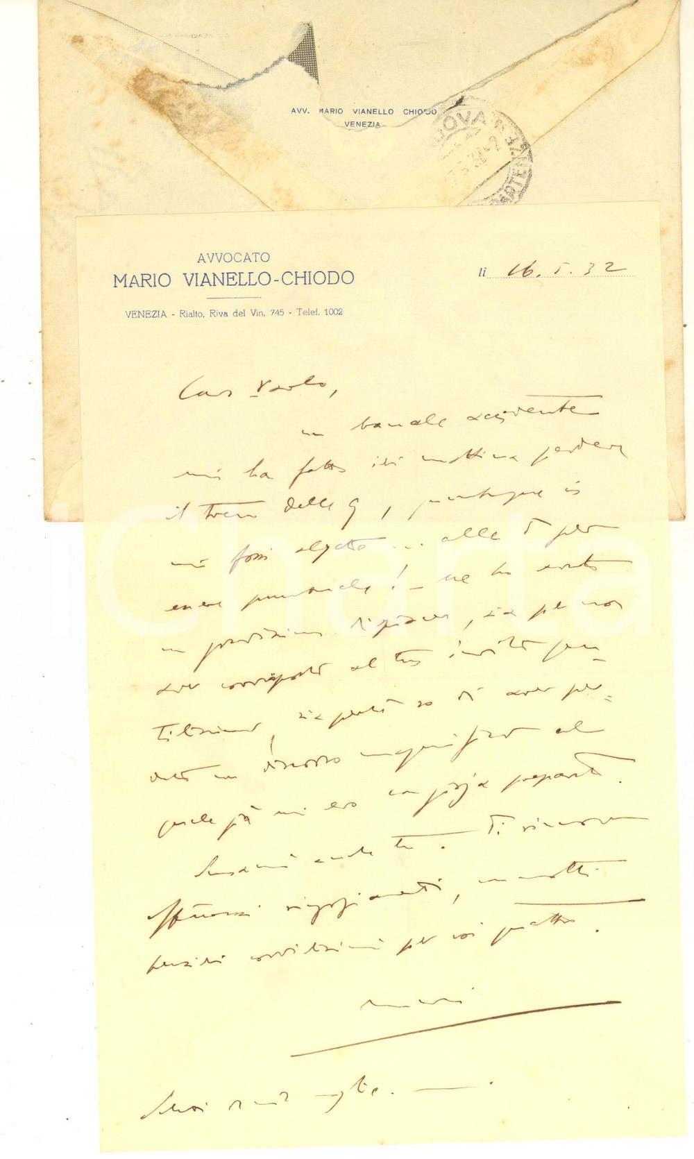Autografo originale 1932 VENEZIA Lettera avv. Mario VIANELLOCHIODO per ringraziamento AUTOGRAFO 1