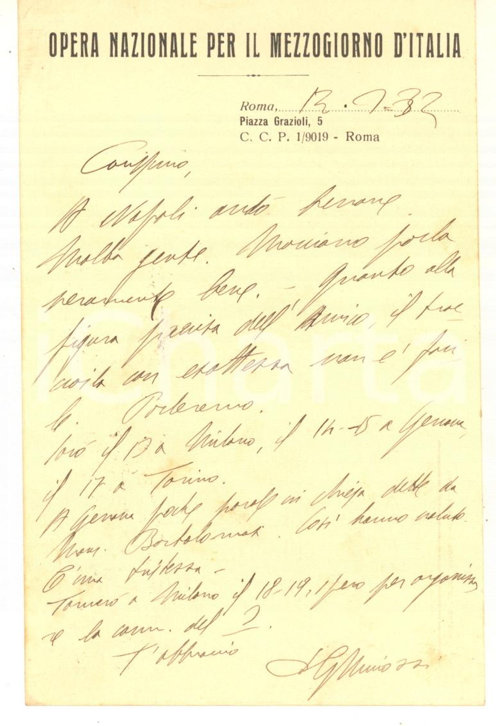 Autografo originale 1932 ROMA Padre Giovanni MINOZZI  Opera Nazionale Mezzogiorno  AUTOGRAFO 1