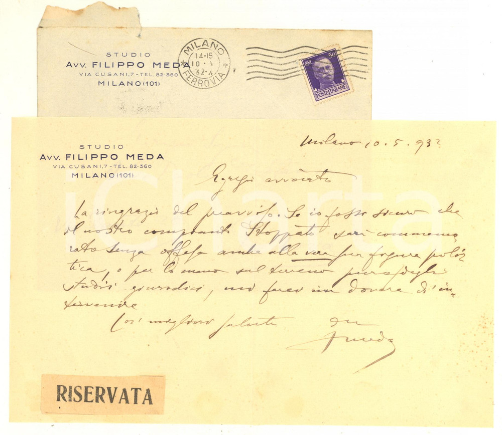 Autografo originale 1932 MILANO Lettera Filippo MEDA su commemorazione Stoppato AUTOGRAFO 1